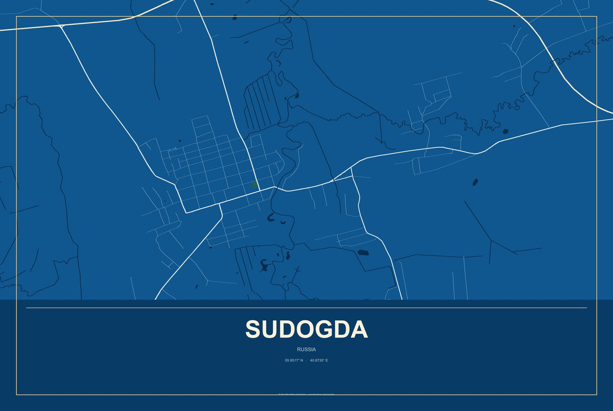 Sudogda, Russia City Map Aluminum Sign in Harbor Cobalt style