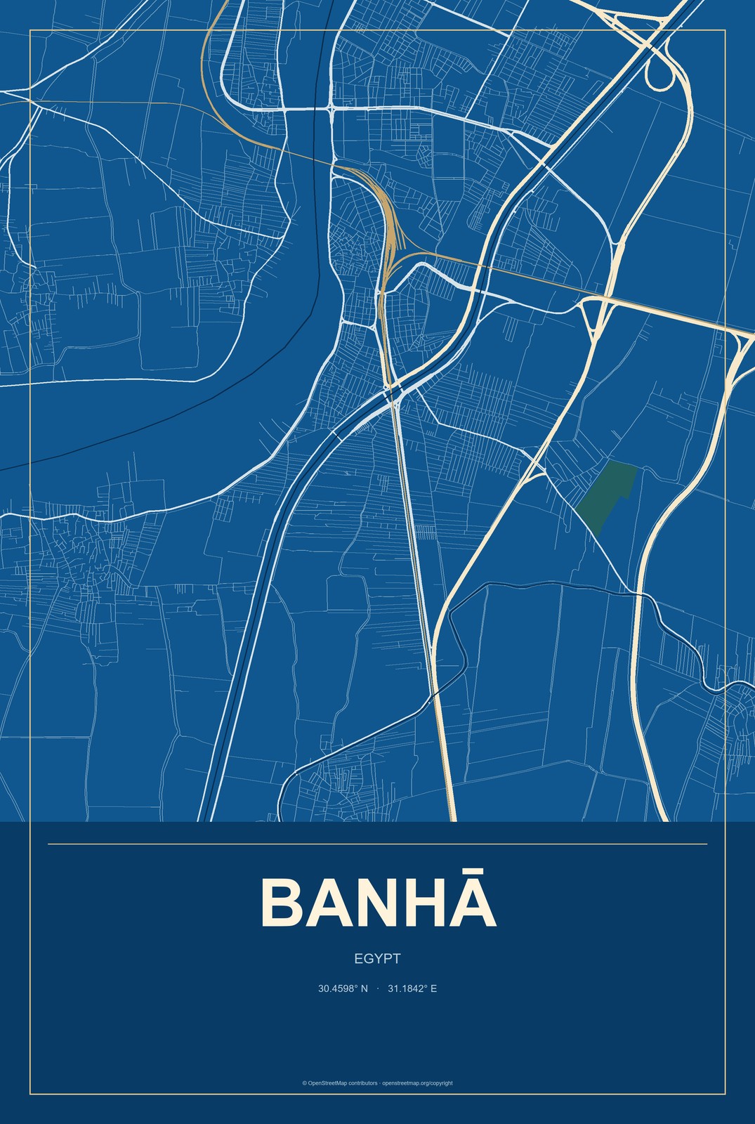 Banhā, Egypt City Map Aluminum Sign in Harbor Cobalt style