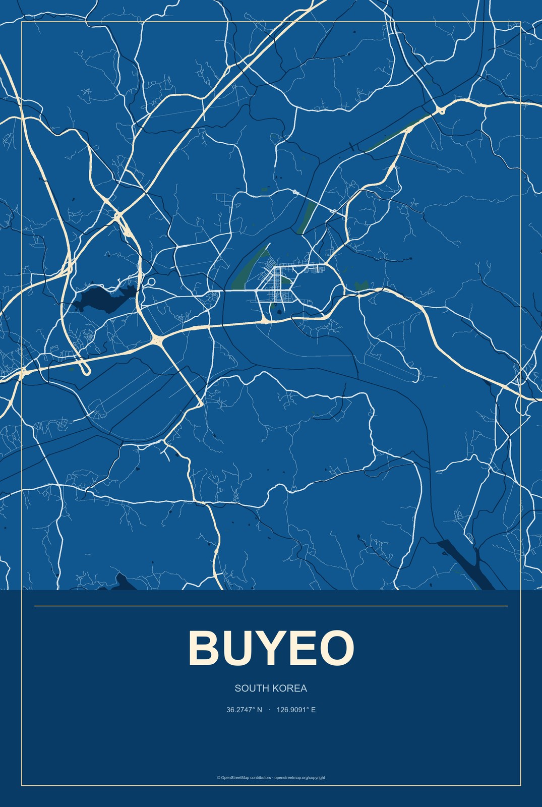 Buyeo, South Korea City Map Aluminum Sign in Harbor Cobalt style