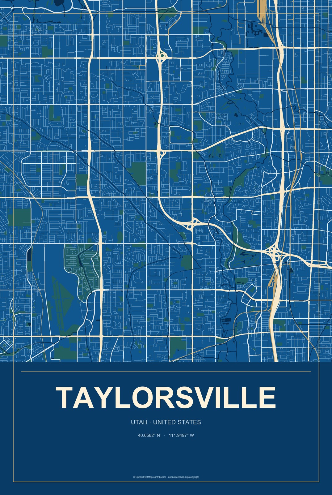 Taylorsville, Utah City Map Aluminum Sign in Harbor Cobalt style