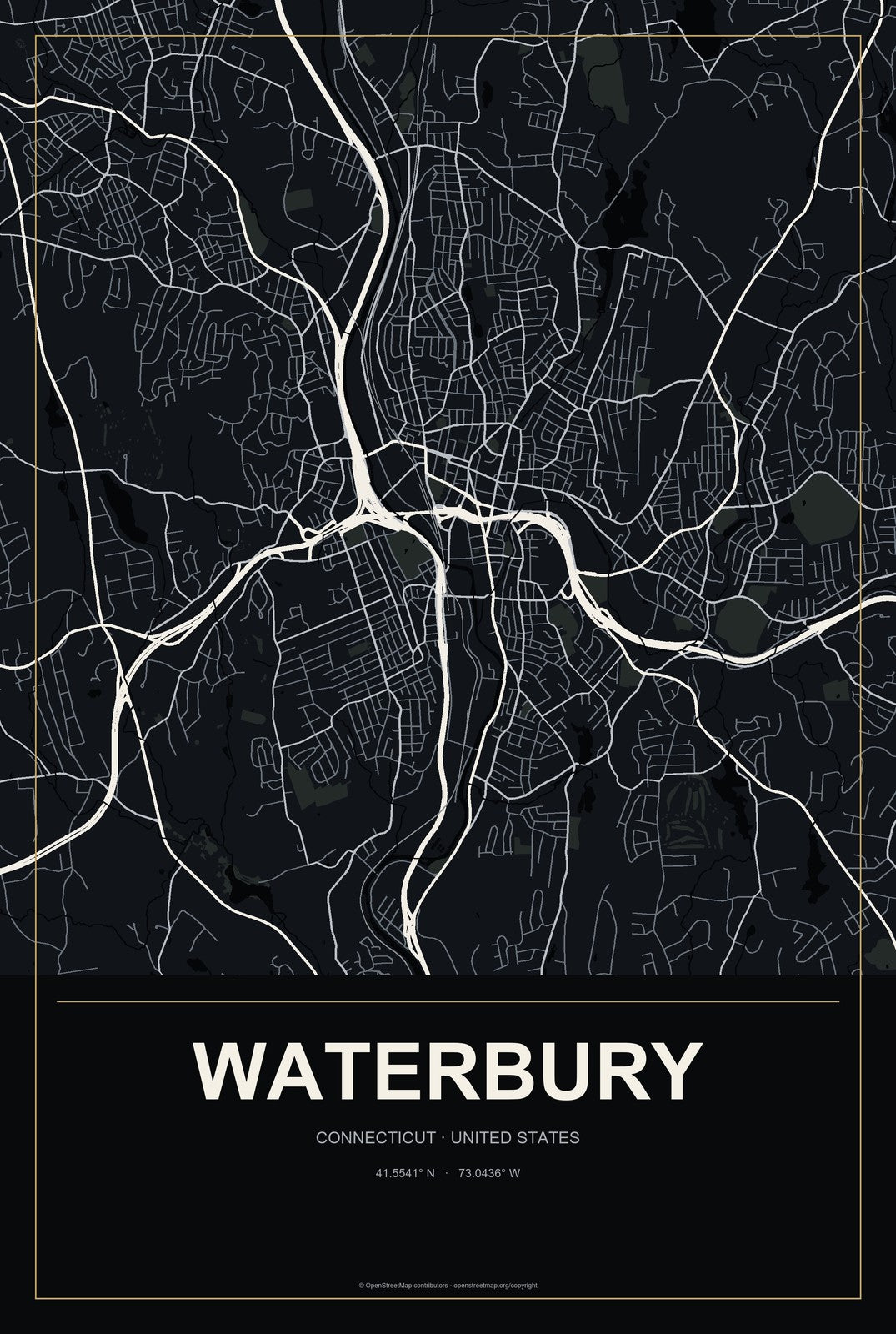 Waterbury, Connecticut City Map Aluminum Sign in Metropolitan Noir style