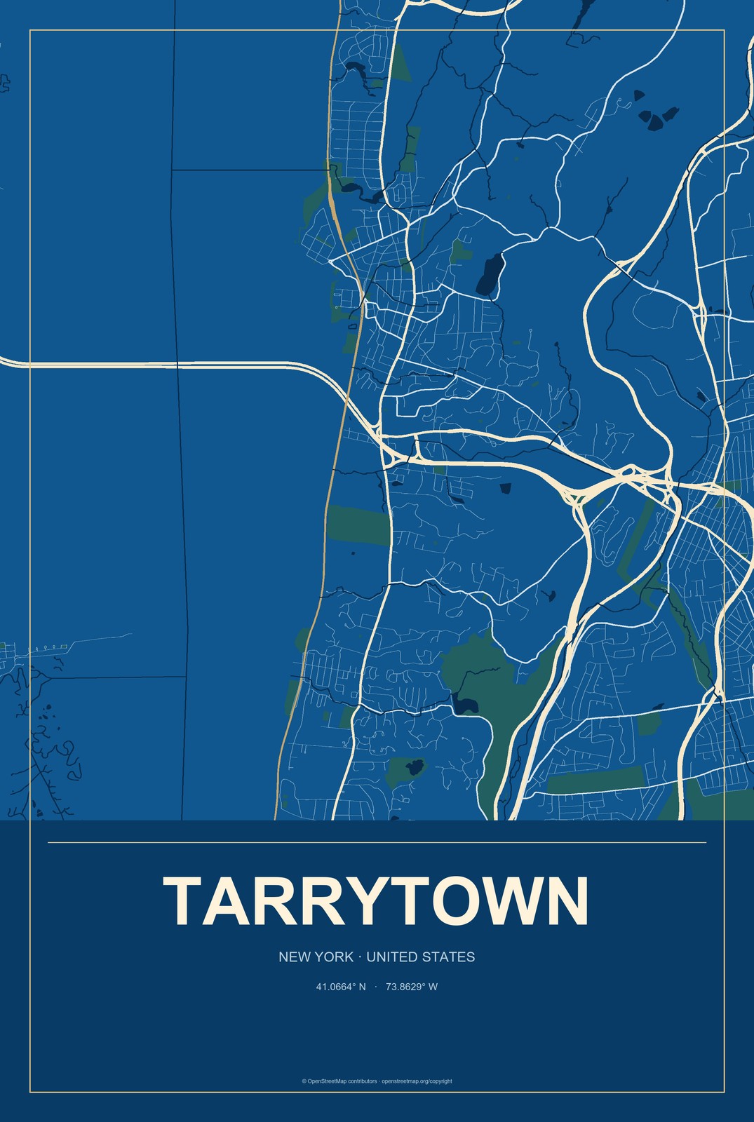 Tarrytown, New York City Map Aluminum Sign in Harbor Cobalt style