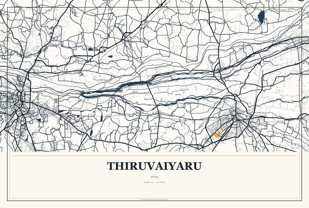 Thiruvaiyaru, India City Map Aluminum Sign in Citrine Modern style