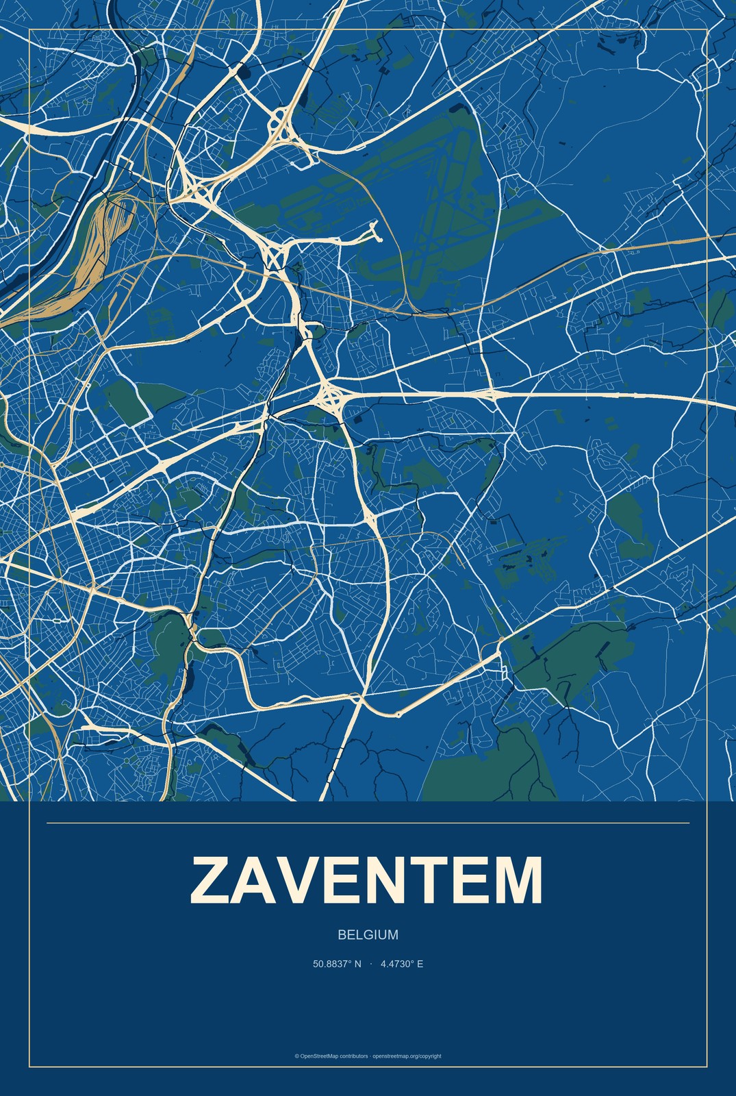 Zaventem, Belgium City Map Aluminum Sign in Harbor Cobalt style