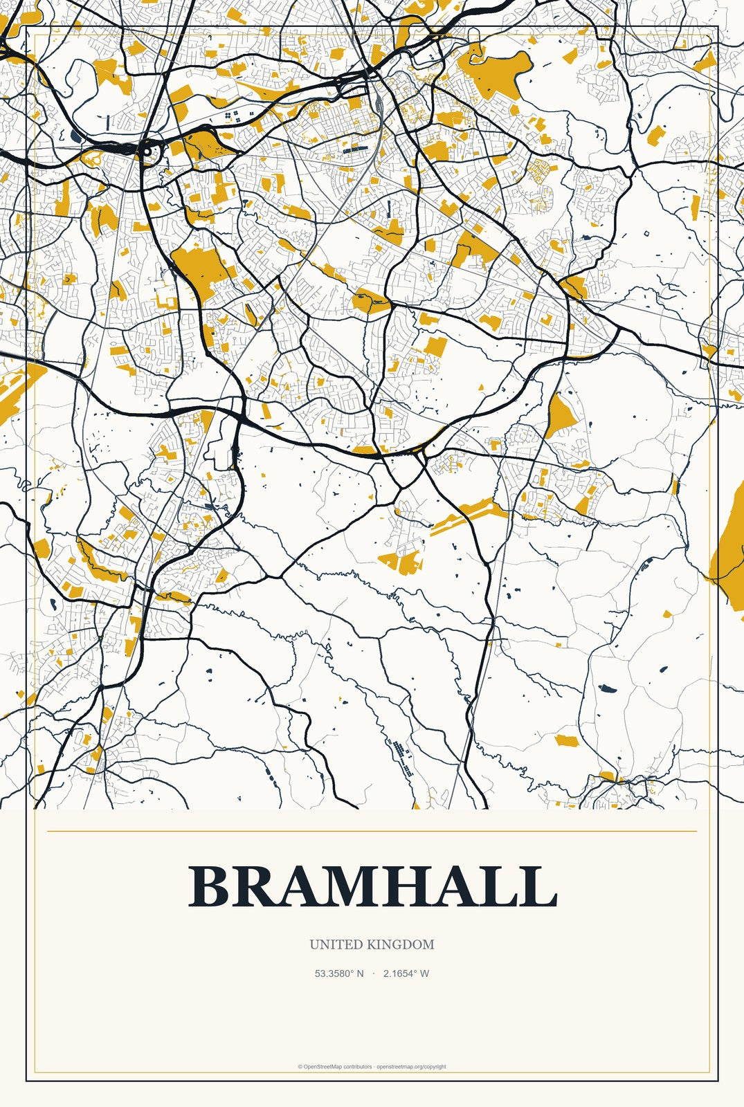Bramhall, United Kingdom City Map Aluminum Sign in Citrine Modern style