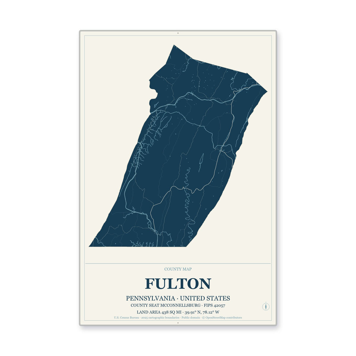 Fulton County, Pennsylvania Map Aluminum Sign in Coastal Cutout style