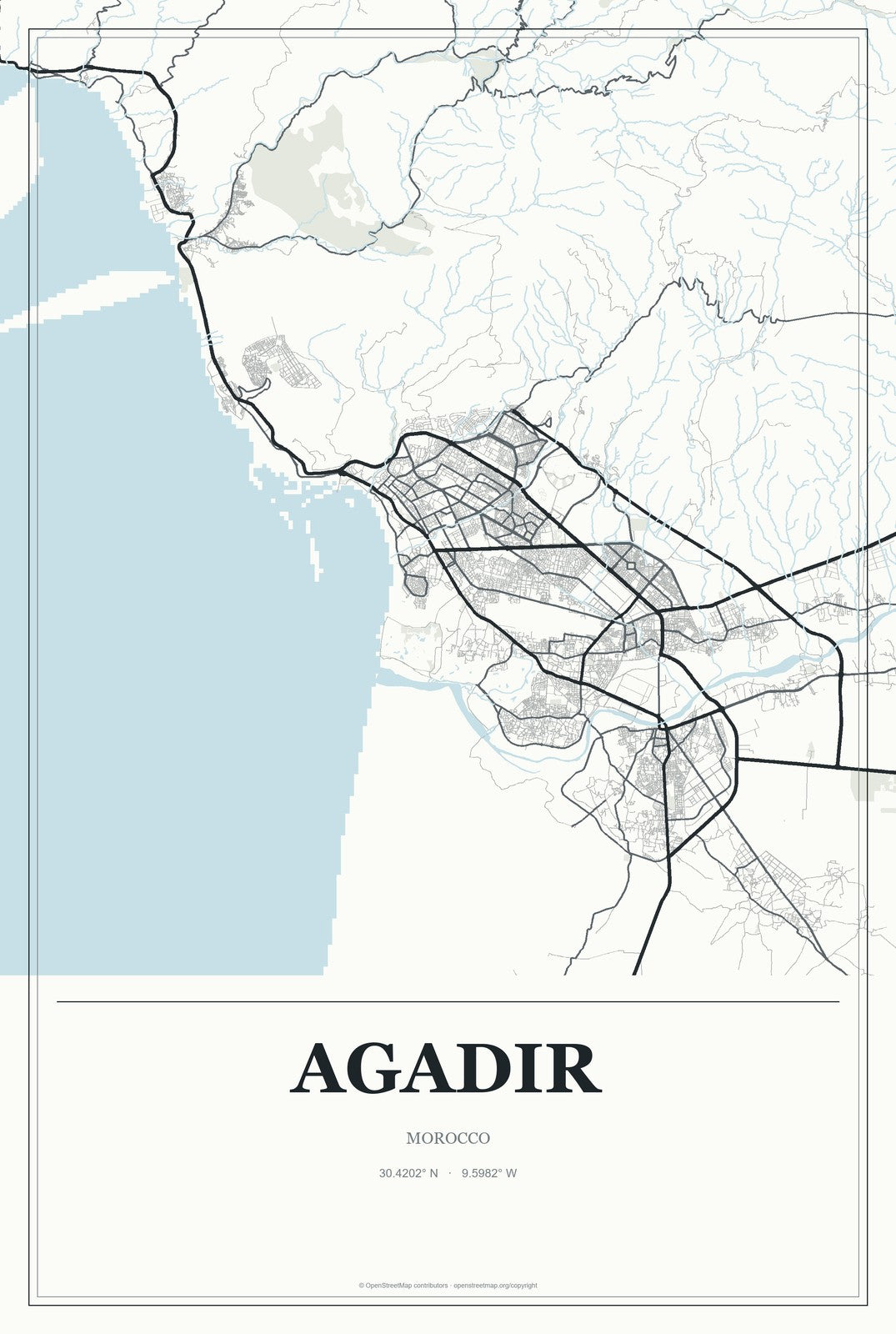 Agadir, Morocco City Map Aluminum Sign in Gallery Air style