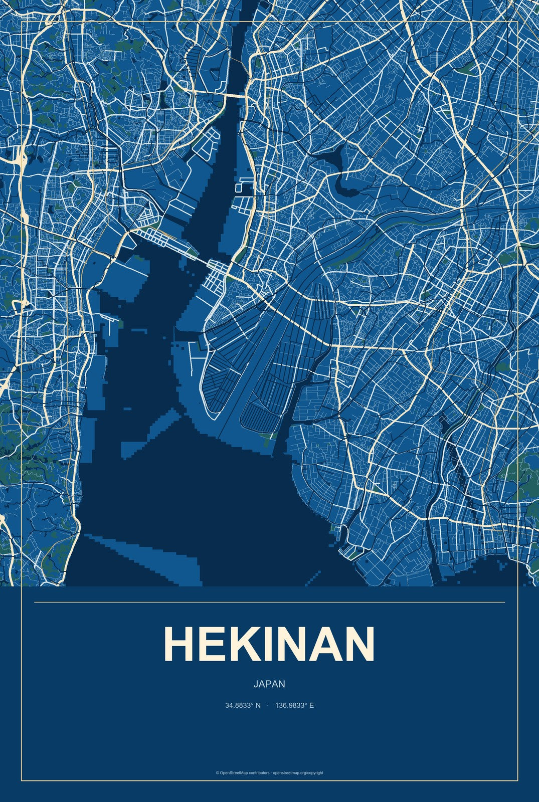 Hekinan, Japan City Map Aluminum Sign in Harbor Cobalt style