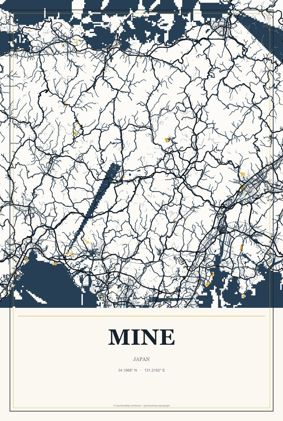 Mine, Japan City Map Aluminum Sign in Citrine Modern style