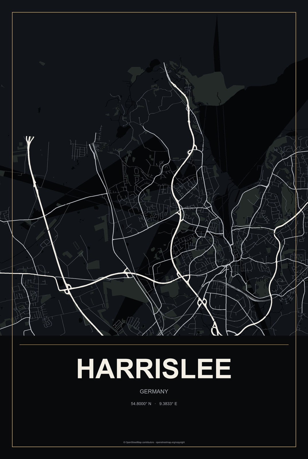 Harrislee, Germany City Map Aluminum Sign in Metropolitan Noir style