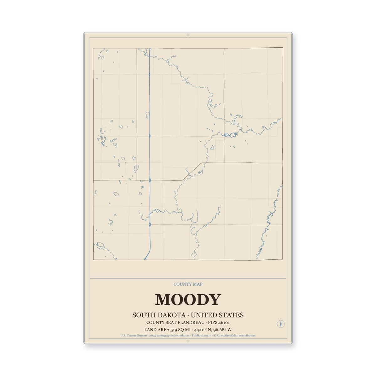 Moody County, South Dakota Map Aluminum Sign in Heritage Nautical style