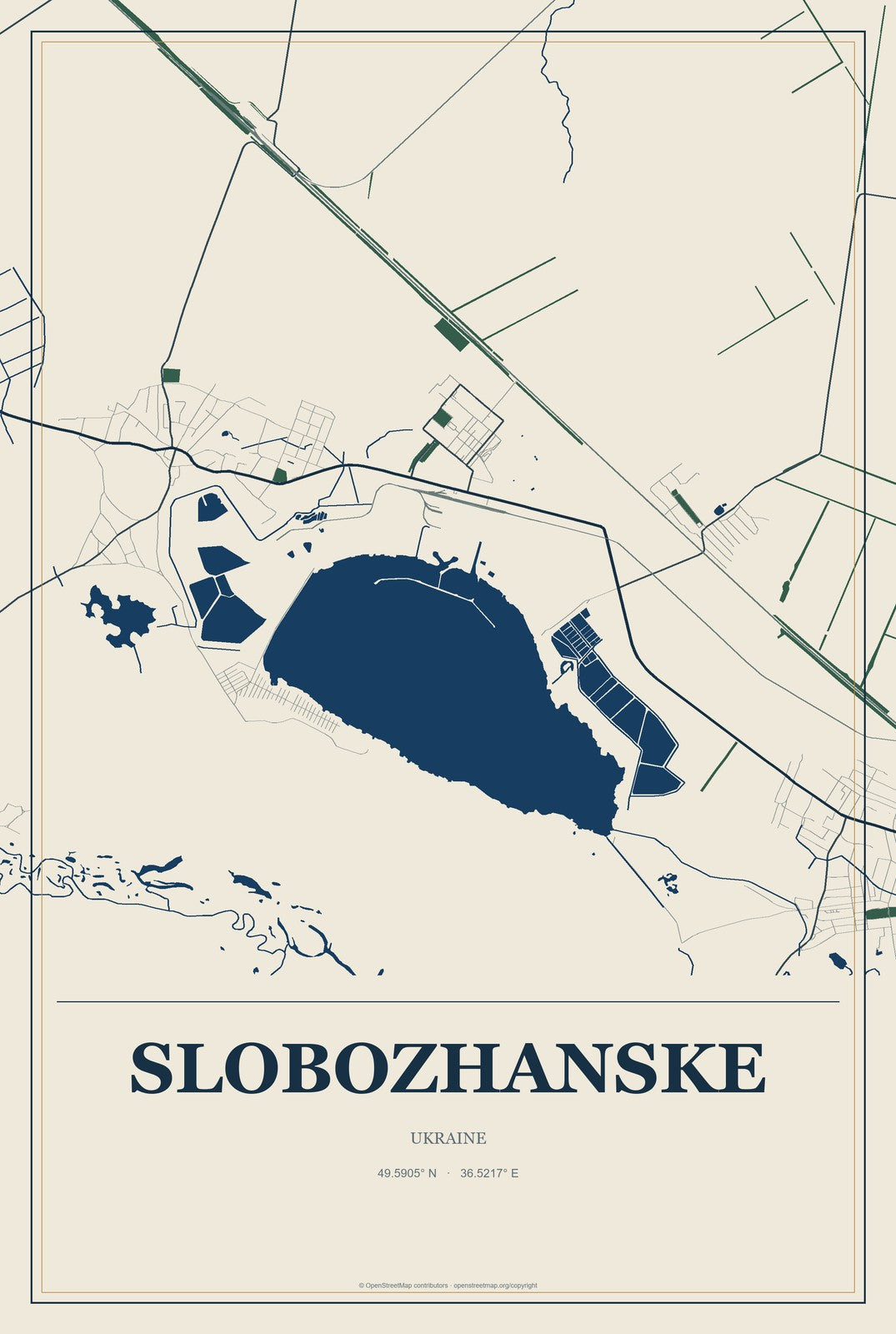 Slobozhanske, Dnipropetrovsk, Ukraine City Map Aluminum Sign in Coastal Cutout style