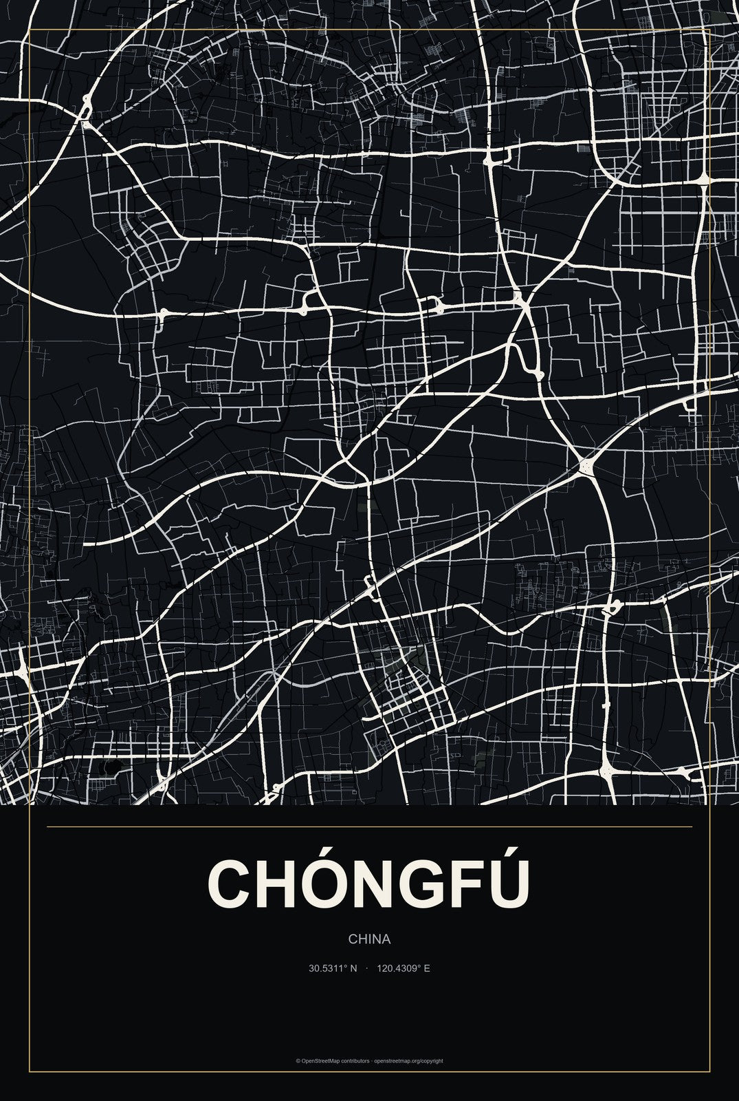 Chóngfú, China City Map Aluminum Sign in Metropolitan Noir style