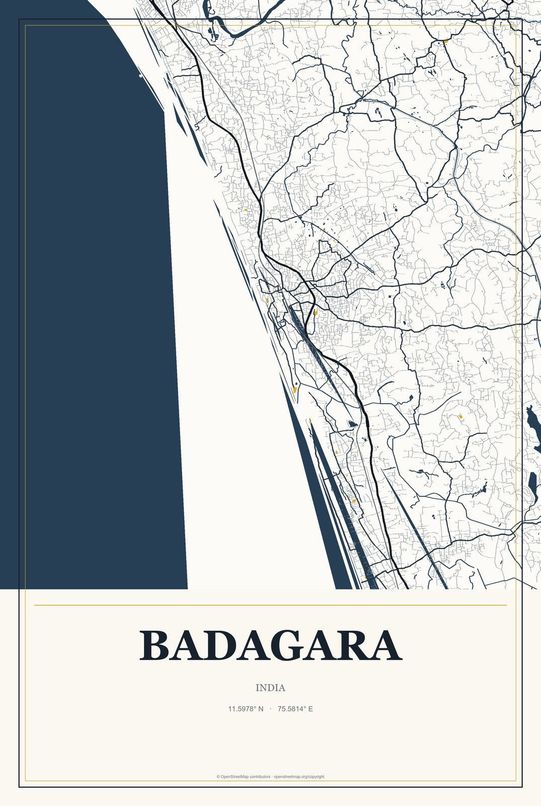 Badagara, India City Map Aluminum Sign in Citrine Modern style