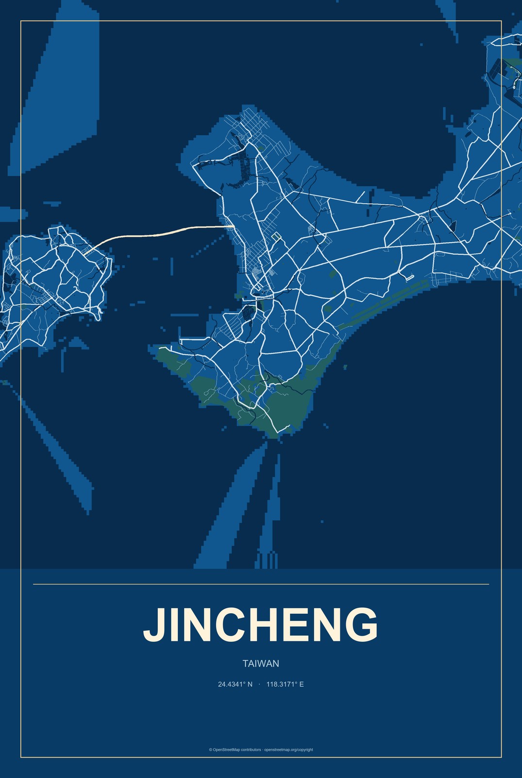 Jincheng, Taiwan City Map Aluminum Sign in Harbor Cobalt style