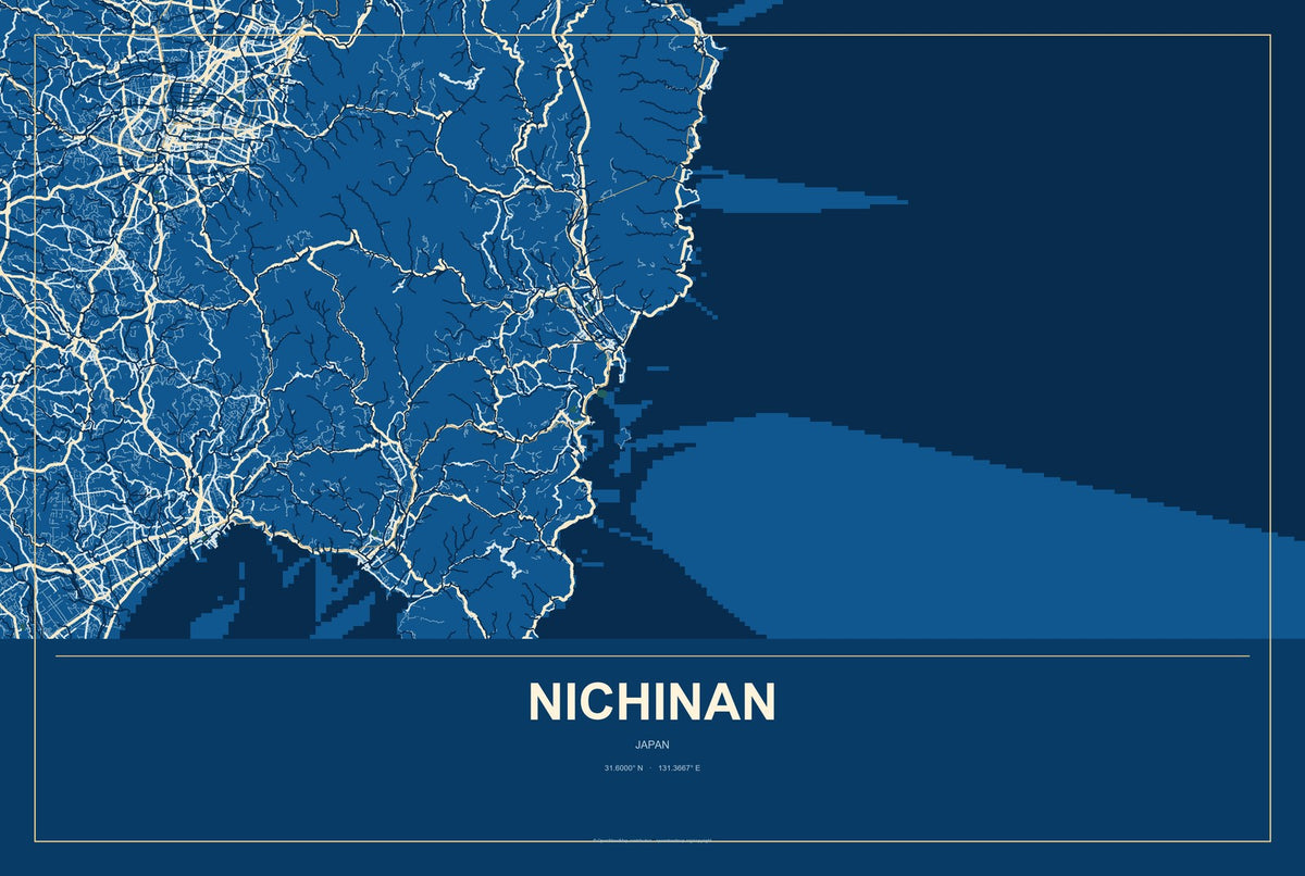 Nichinan, Japan City Map Aluminum Sign in Harbor Cobalt style