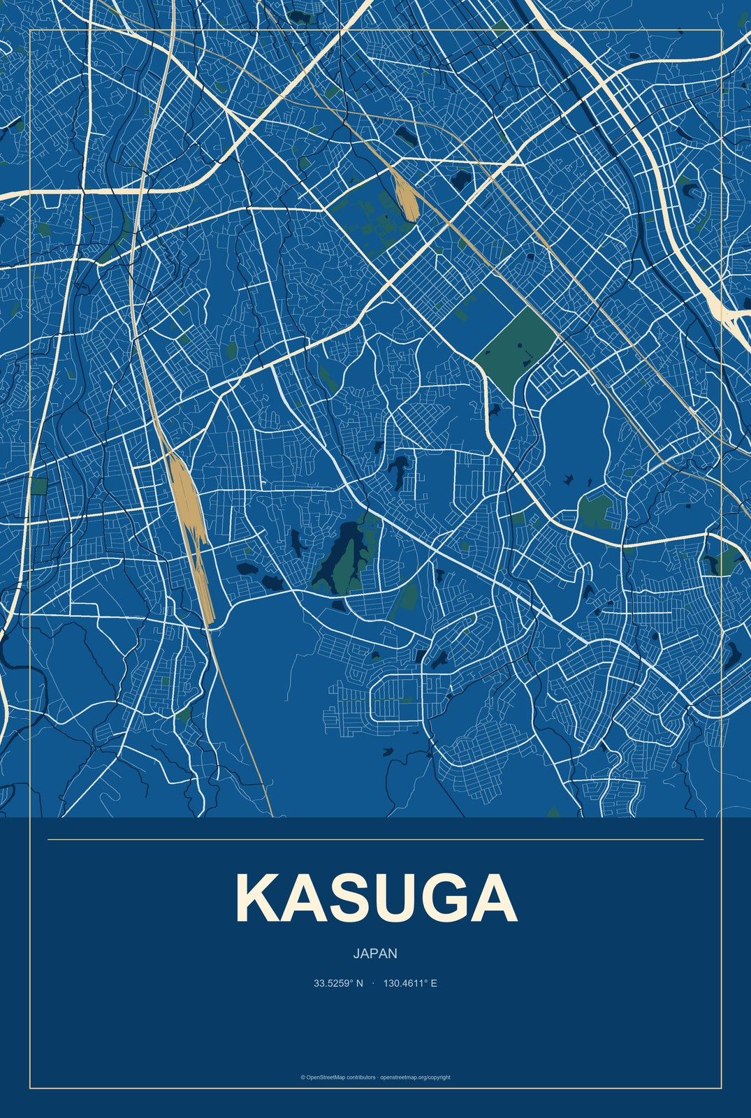Kasuga, Japan City Map Aluminum Sign in Harbor Cobalt style