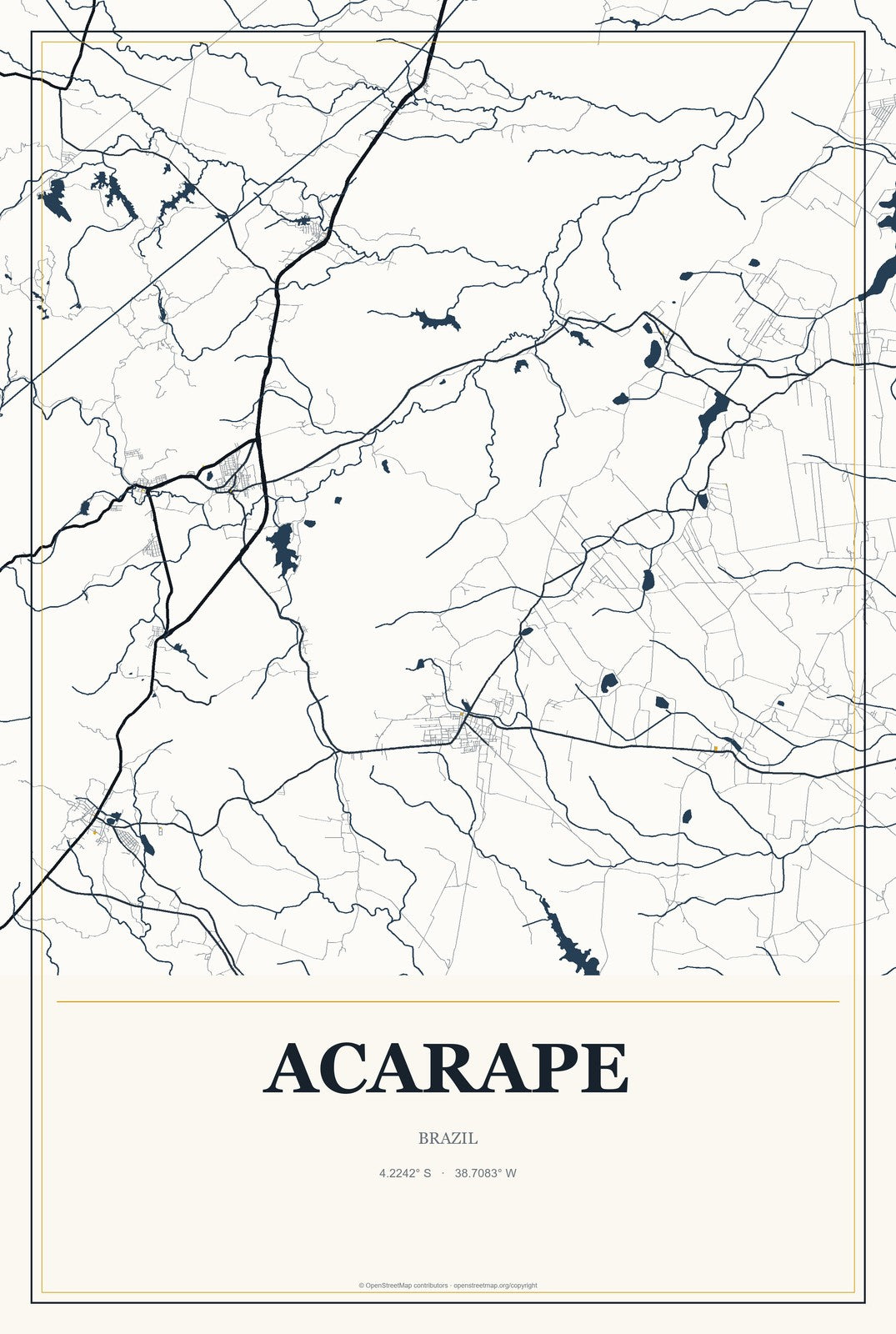 Acarape, Brazil City Map Aluminum Sign in Citrine Modern style