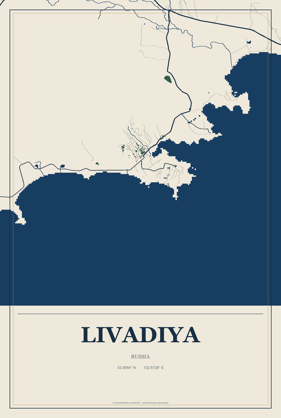 Livadiya, Russia City Map Aluminum Sign in Coastal Cutout style