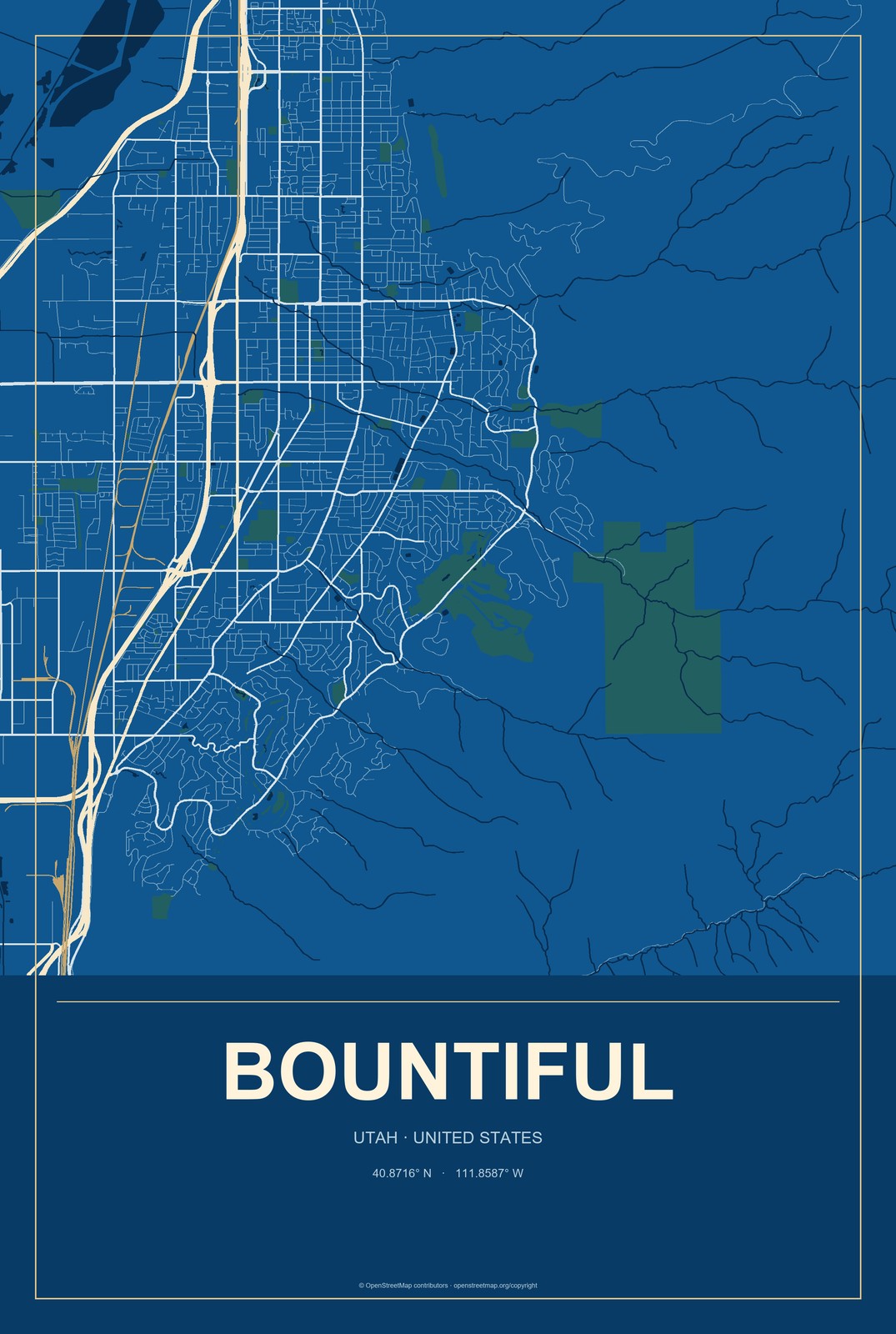 Bountiful, Utah City Map Aluminum Sign in Harbor Cobalt style