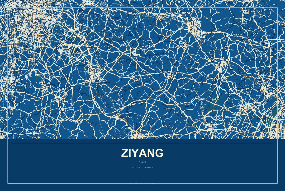 Ziyang, China City Map Aluminum Sign in Harbor Cobalt style