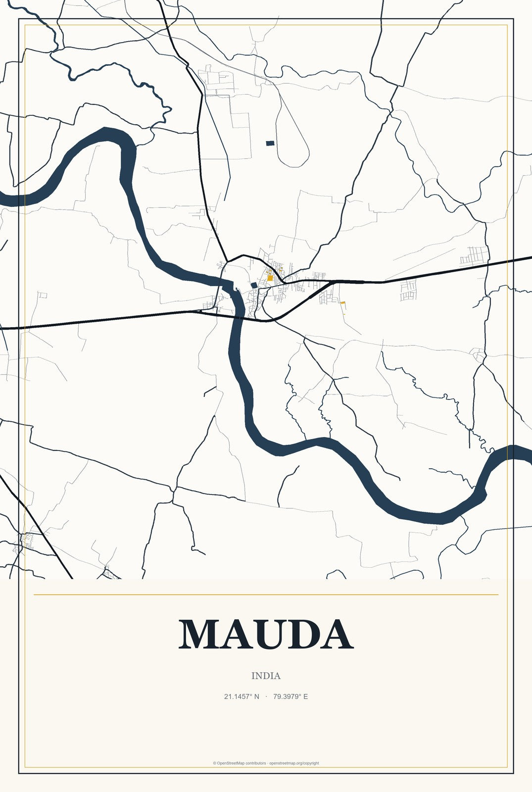 Mauda, India City Map Aluminum Sign in Citrine Modern style