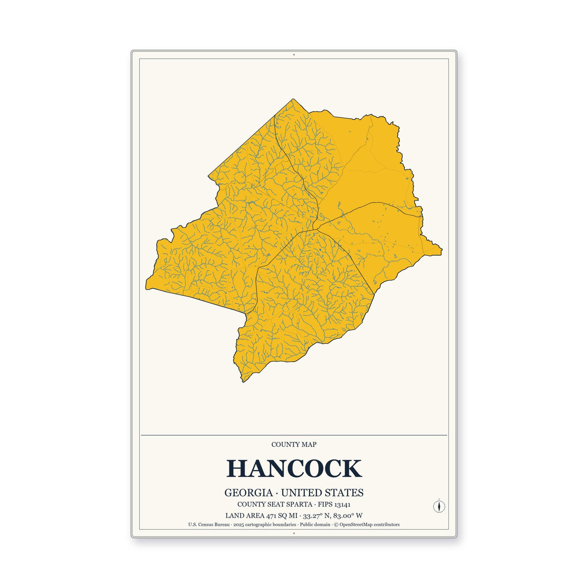 Hancock County, Georgia Map Aluminum Sign in Citrine Modern style