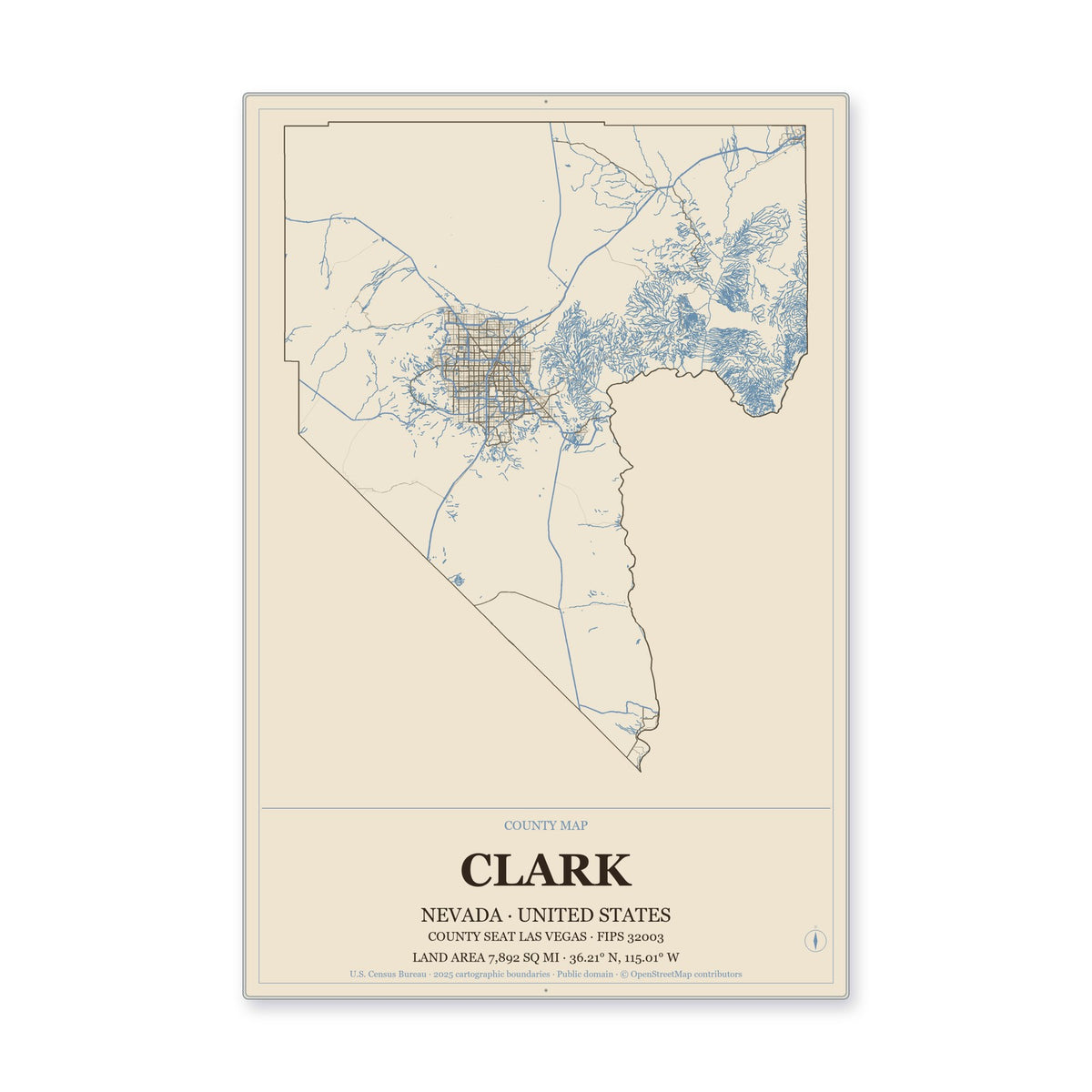 Clark County, Nevada Map Aluminum Sign in Heritage Nautical style
