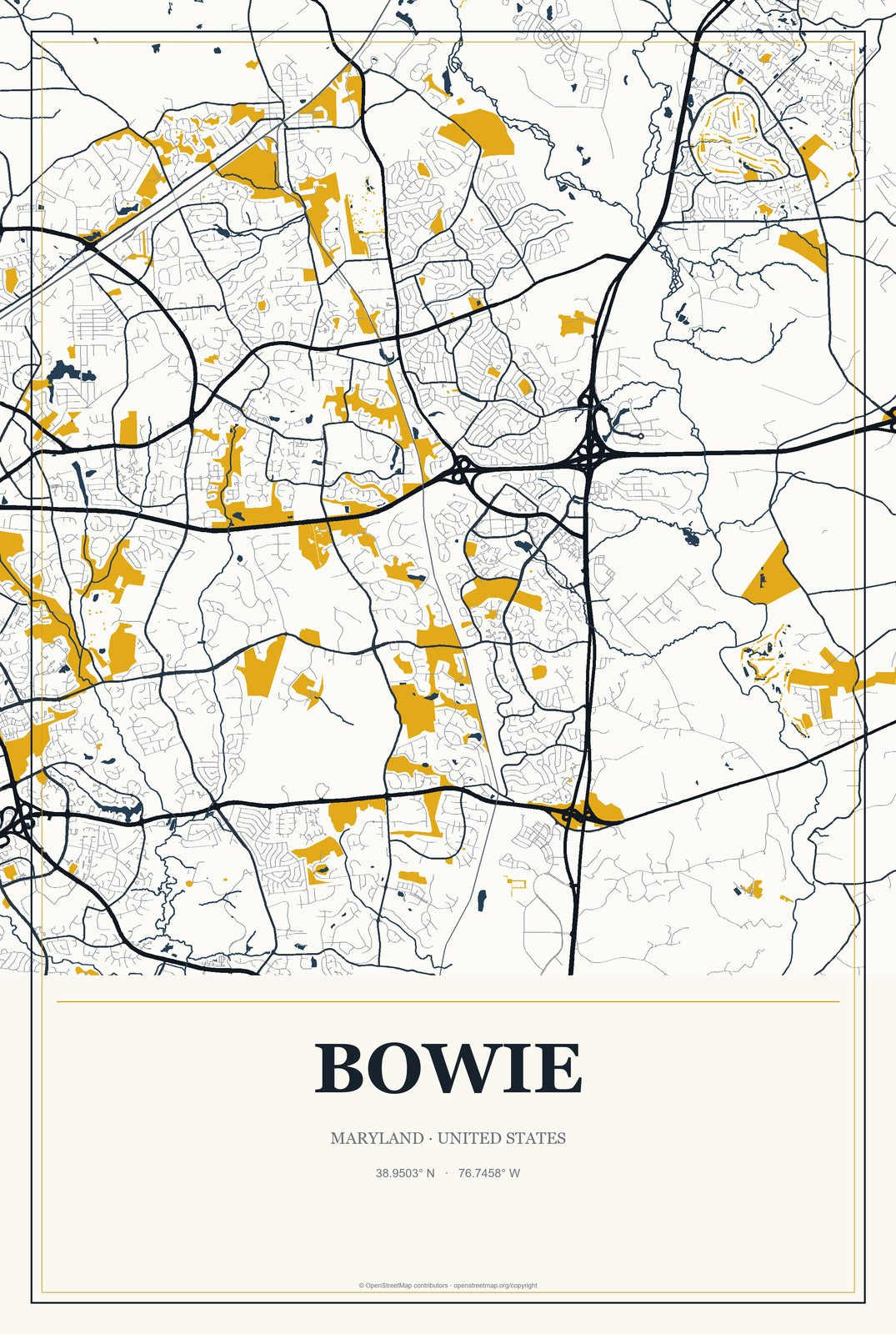 Bowie, Maryland City Map Aluminum Sign in Citrine Modern style