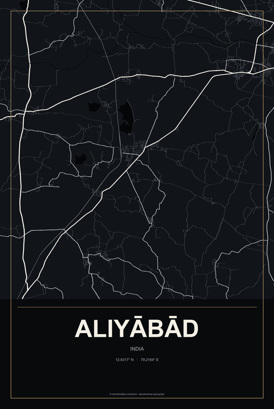 Aliyābād, India City Map Aluminum Sign in Metropolitan Noir style