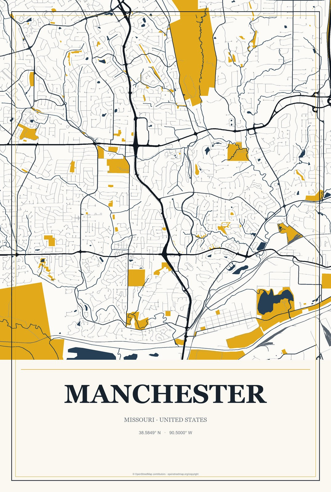 Manchester, Missouri City Map Aluminum Sign in Citrine Modern style