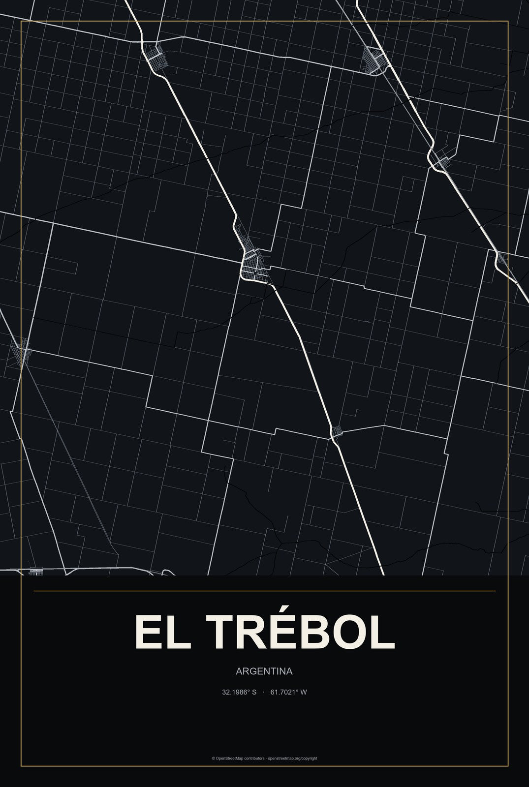 El Trébol, Argentina City Map Aluminum Sign in Metropolitan Noir style