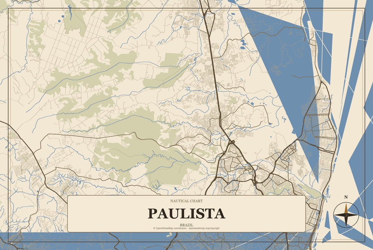 Paulista, Paraíba, Brazil City Map Aluminum Sign in Heritage Nautical style