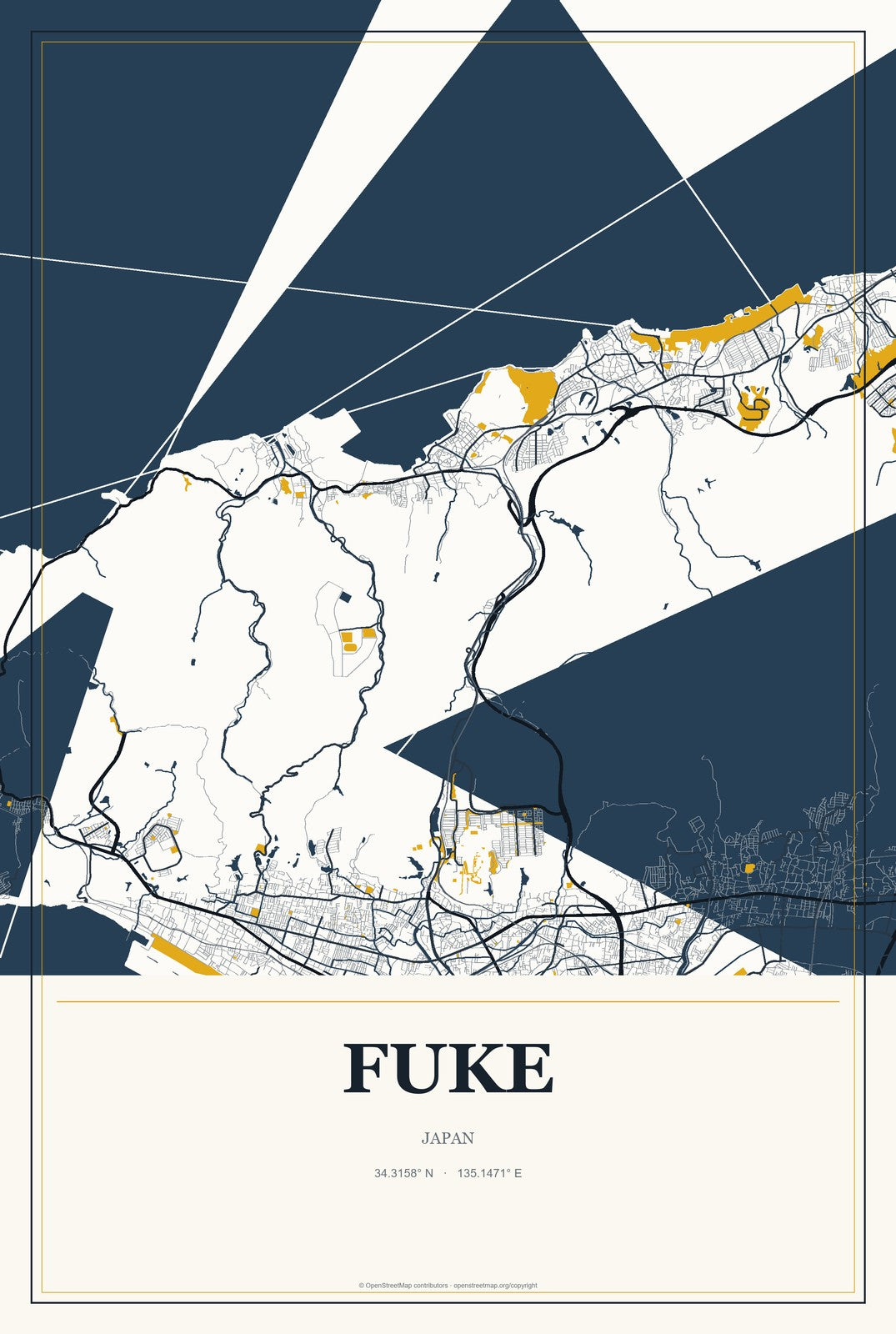 Fuke, Japan City Map Aluminum Sign in Citrine Modern style