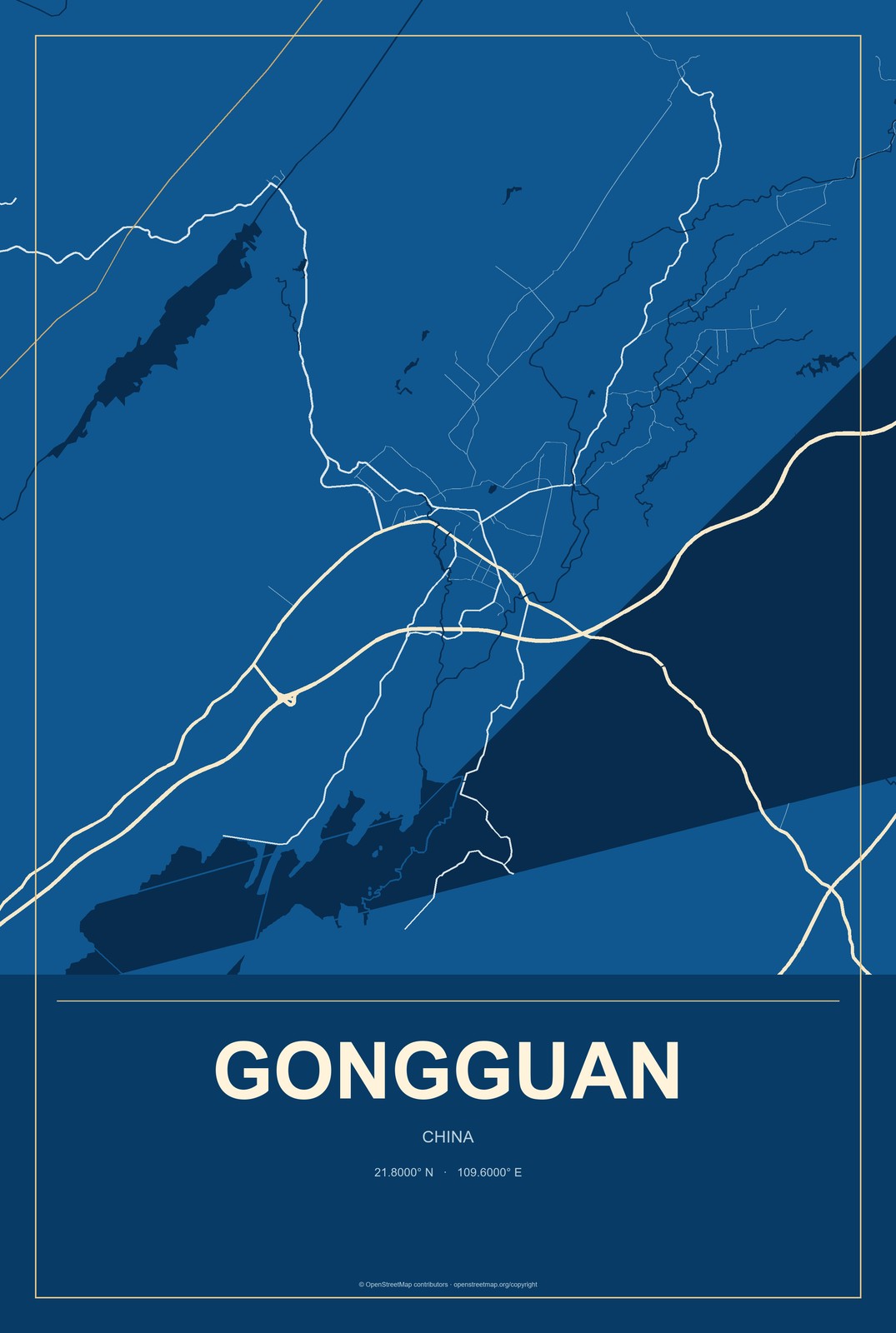 Gongguan, China City Map Aluminum Sign in Harbor Cobalt style