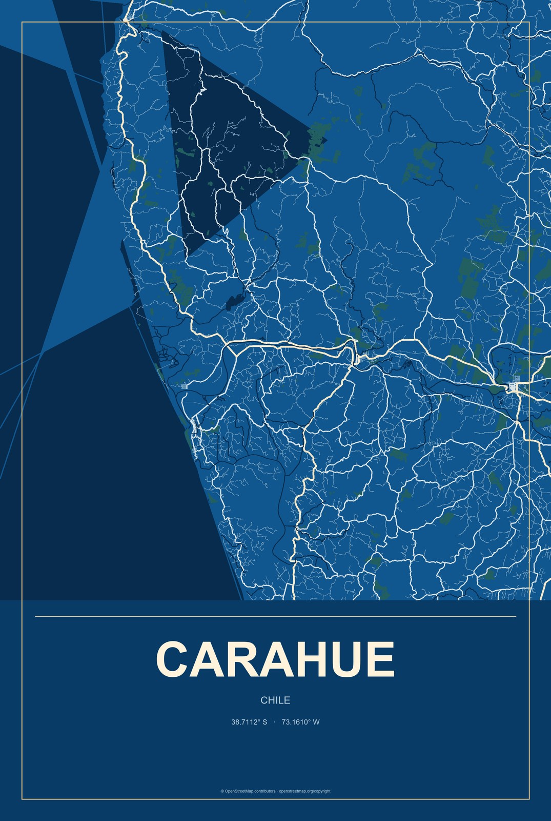 Carahue, Chile City Map Aluminum Sign in Harbor Cobalt style