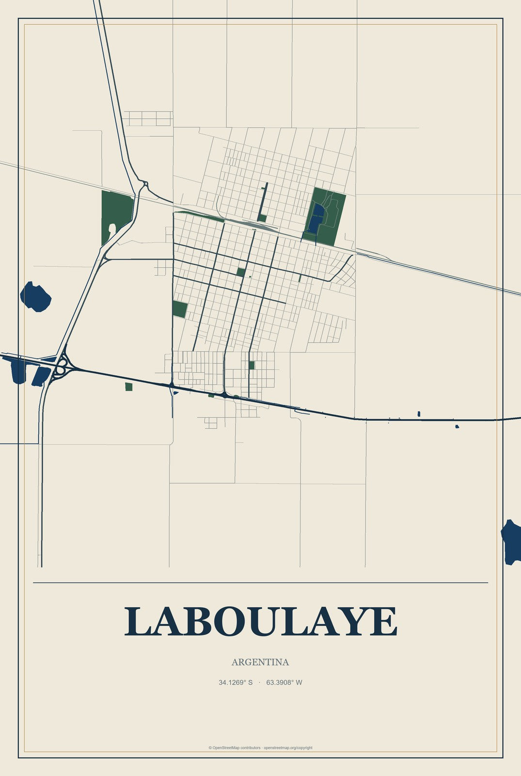 Laboulaye, Argentina City Map Aluminum Sign in Coastal Cutout style
