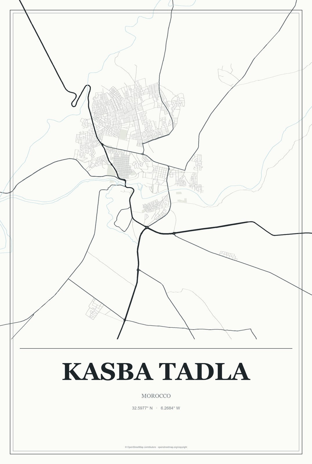 Kasba Tadla, Morocco City Map Aluminum Sign in Gallery Air style