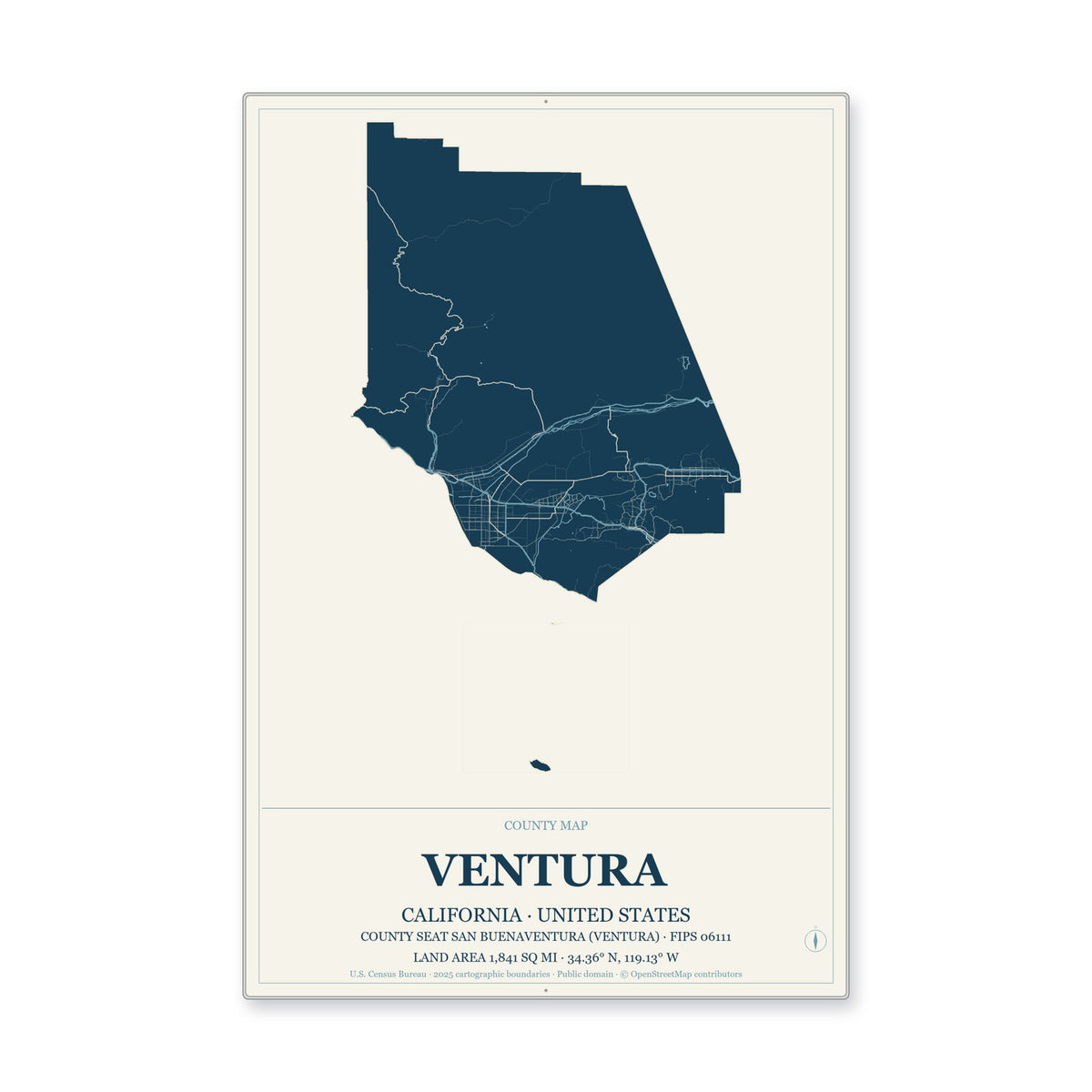 Ventura County, California Map Aluminum Sign in Coastal Cutout style