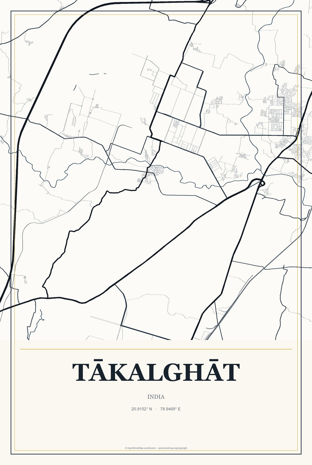 Tākalghāt, India City Map Aluminum Sign in Citrine Modern style