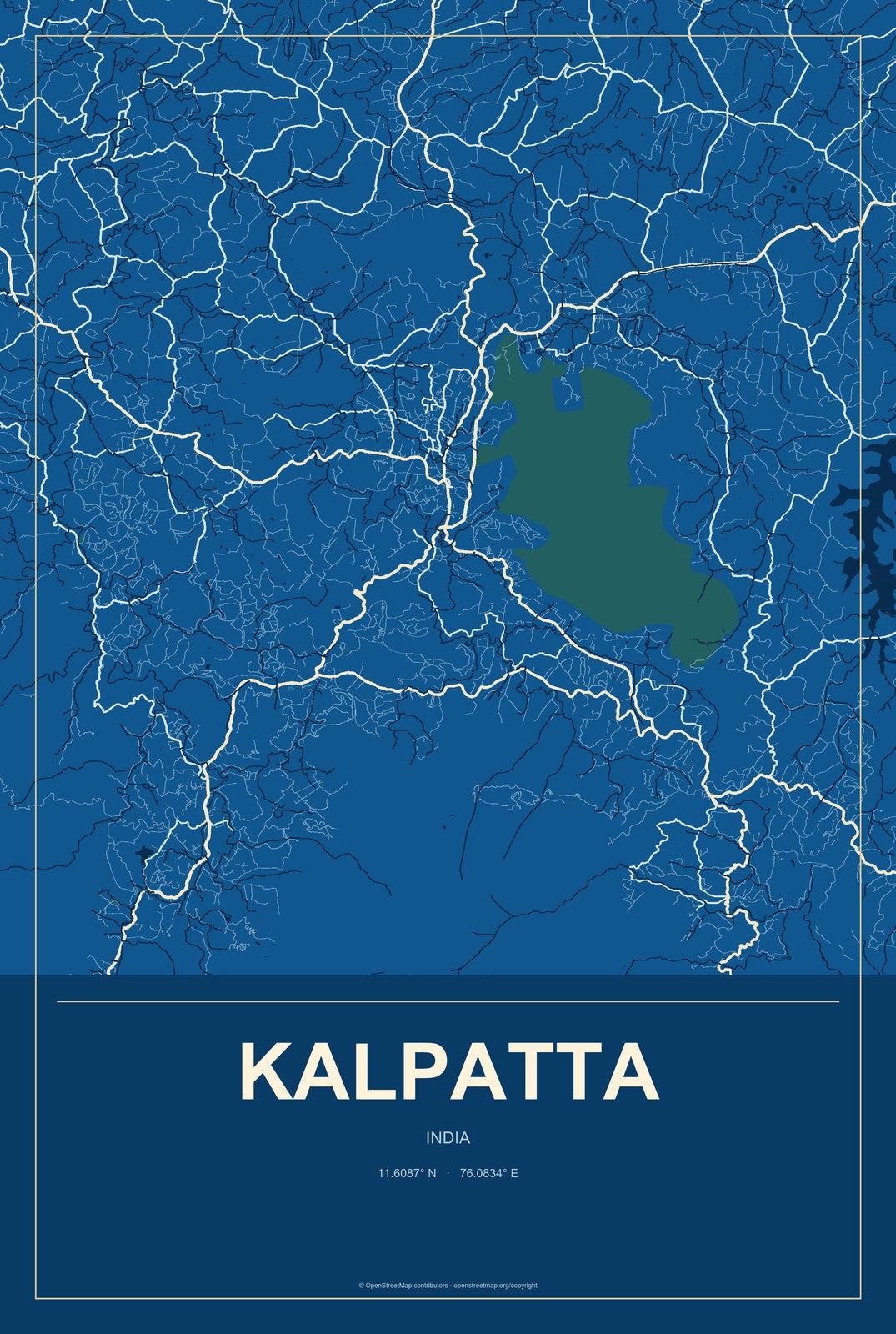 Kalpatta, India City Map Aluminum Sign in Harbor Cobalt style