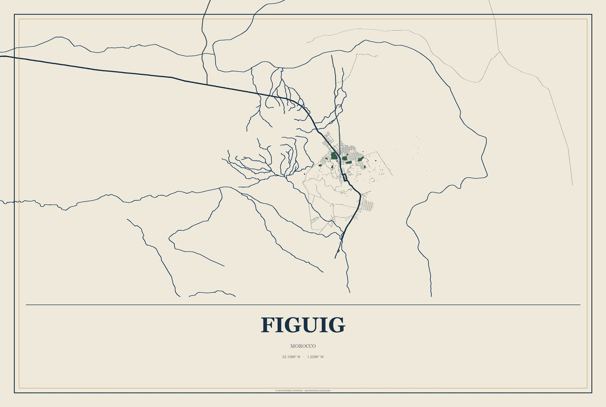 Figuig, Morocco City Map Aluminum Sign in Coastal Cutout style