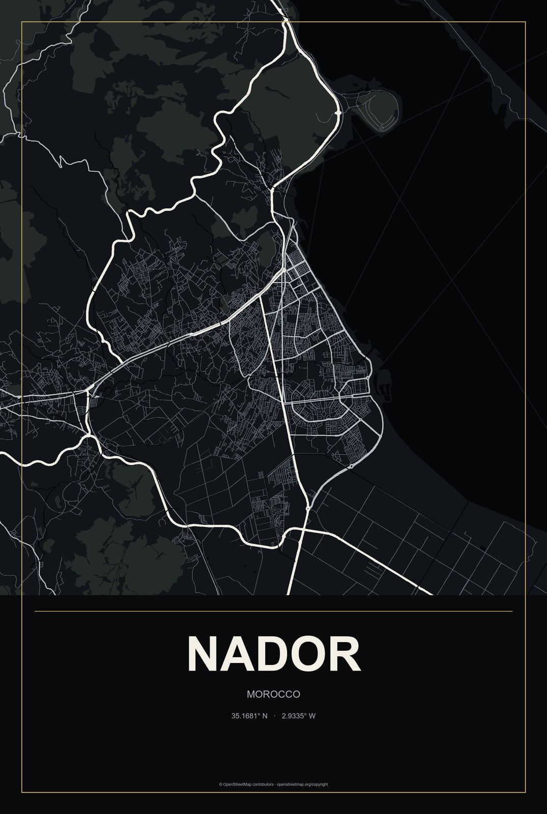 Nador, Morocco City Map Aluminum Sign in Metropolitan Noir style