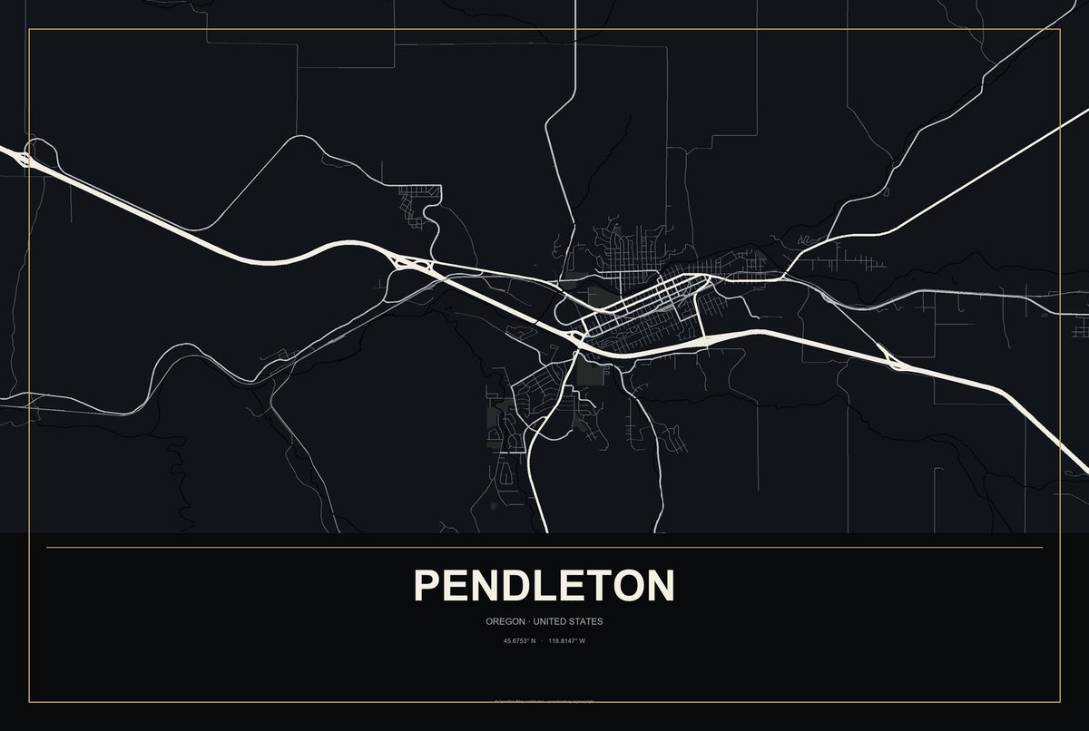 Pendleton, Oregon City Map Aluminum Sign in Metropolitan Noir style