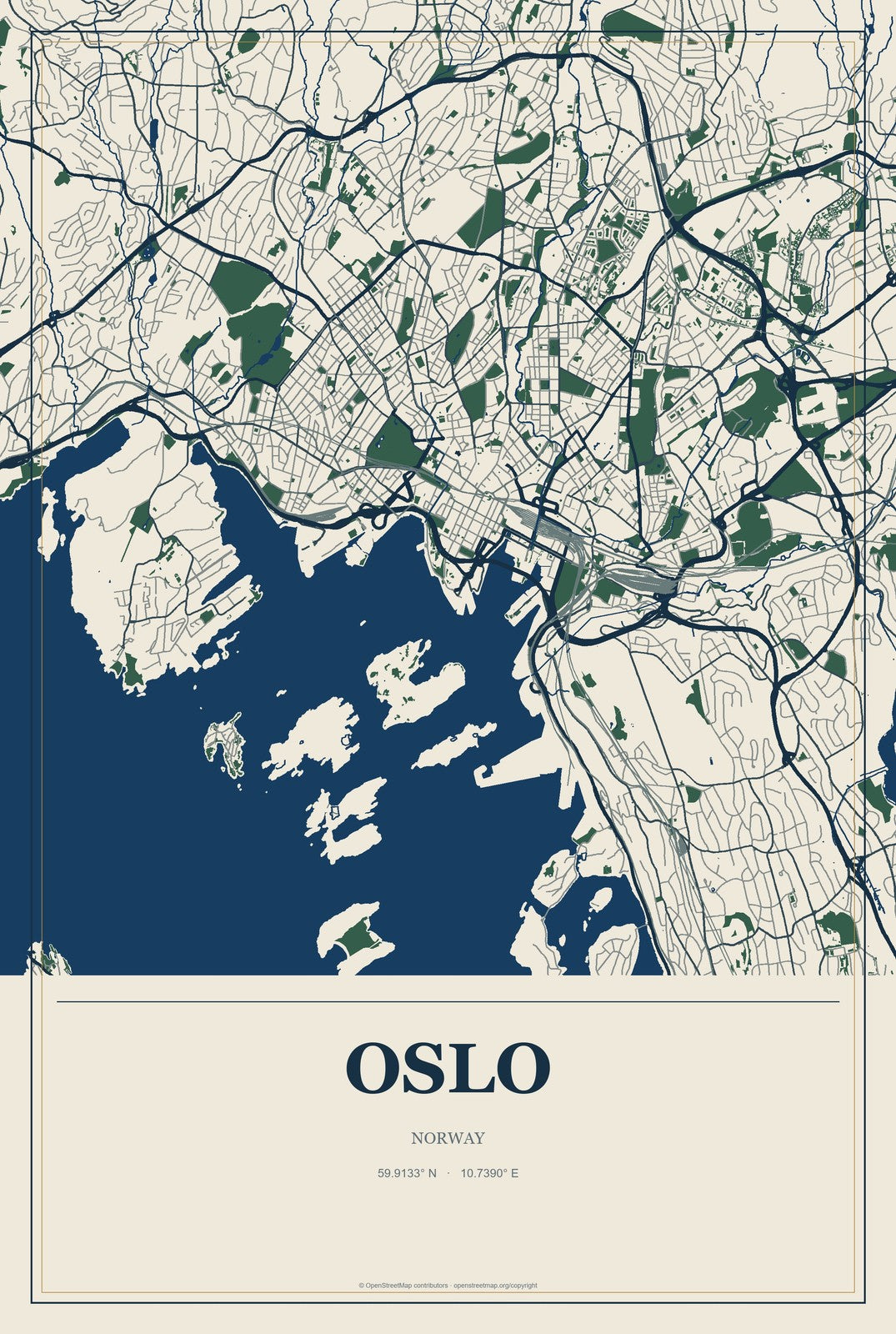 Oslo, Norway City Map Aluminum Sign in Coastal Cutout style