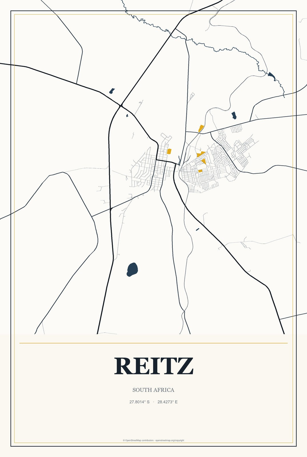 Reitz, South Africa City Map Aluminum Sign in Citrine Modern style