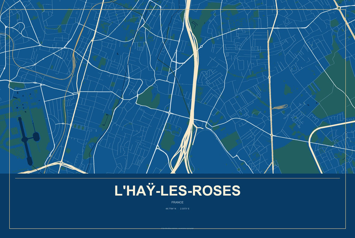 L'Haÿ-les-Roses, France City Map Aluminum Sign in Harbor Cobalt style