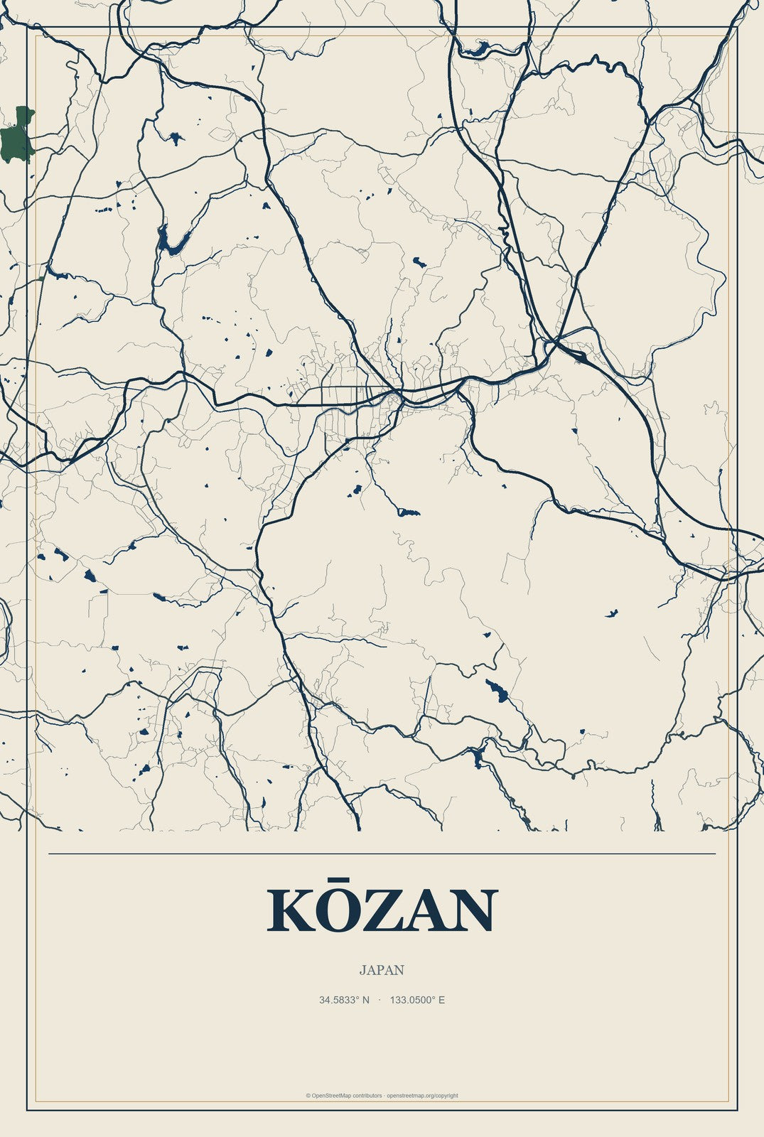 Kōzan, Japan City Map Aluminum Sign in Coastal Cutout style