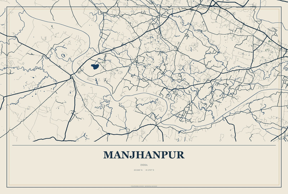 Manjhanpur, India City Map Aluminum Sign in Coastal Cutout style