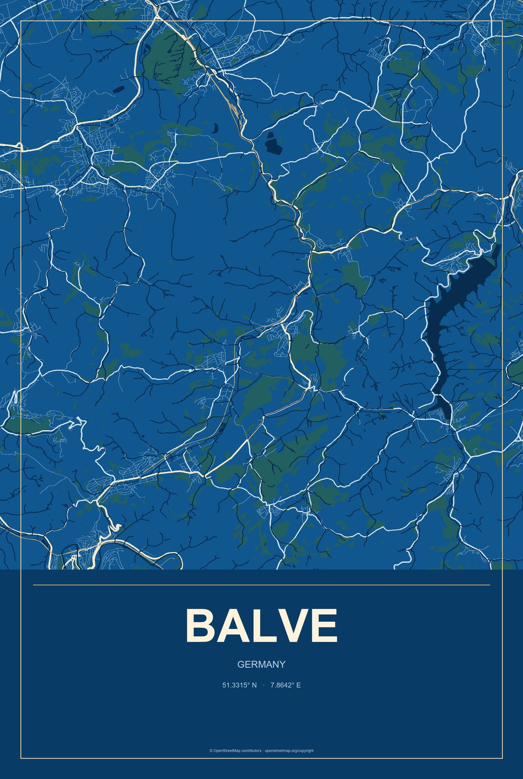 Balve, Germany City Map Aluminum Sign in Harbor Cobalt style